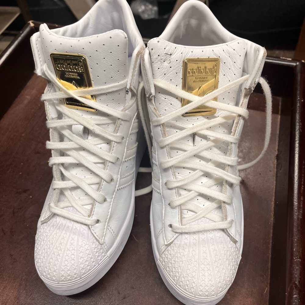 Adidas White Wedge Sneakers with Gold Details